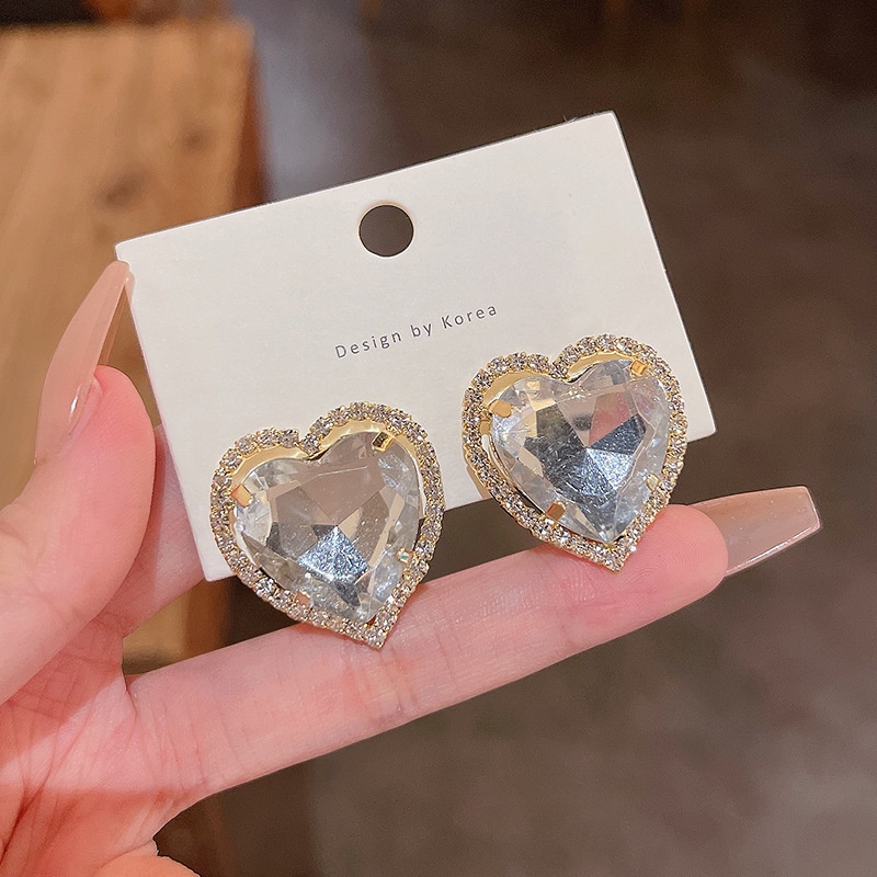 Anting Stud Kristal Bentuk Hati Bahan 925 silver needle