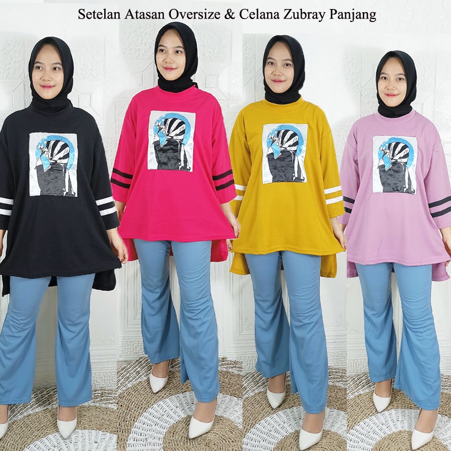 CARLINA SETELAN BASIC WANITA HIJAB ATASAN OVERSIZE DAN CELANA BIRU PANJANG ZUBRAY