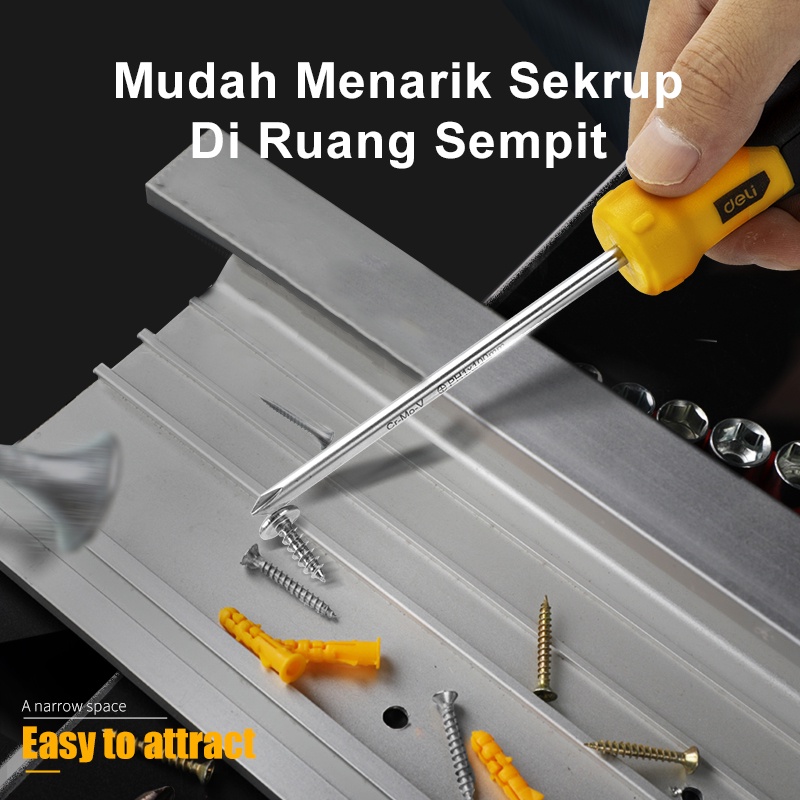 Deli Obeng Bolak Balik Panjang Obeng Kecil Obeng Magnet Besar Gagang Karet 2 in 1 Phillips Screwdriver Slotted Screwdriver