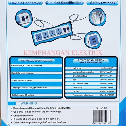 PHILMAX STOP KONTAK 3 LUBANG + 2 USB PORT 2.1A + SWITCH / SAKLAR / COLOKAN LISTRIK 3 LOBANG + 2 USB CHARGER 2,1A KABEL 1.8M 1,8METER