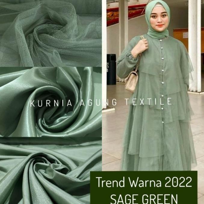 Kain Warna Sage Green Polos Soft Tile Satin Organza Furing Meteran Pol