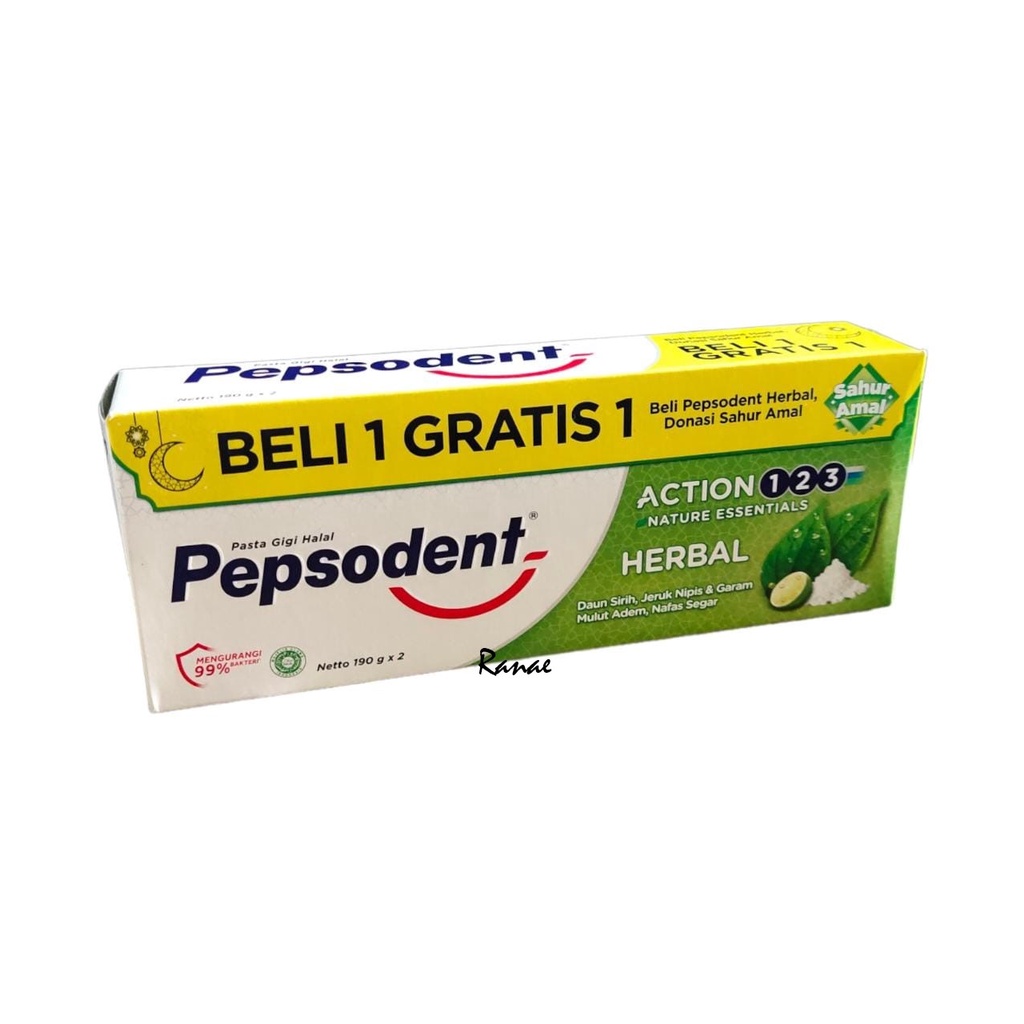 BELI 1 GRATIS 1 Pepsodent Action Herbal 190 Gram x 2  - Pasta Gigi Pepsodent