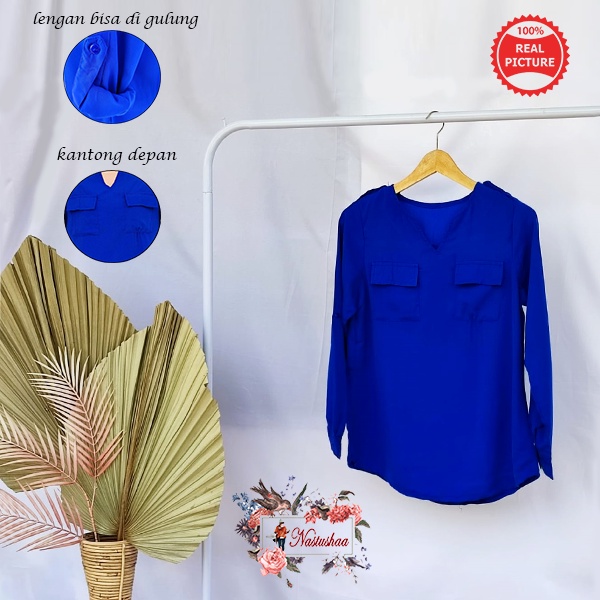 Atasan Wanita Wolly Crepe Import Polos Kantong Depan Warna Biru Blouse Kasual dan Formal Korea Style Untuk Kerja Lengan Bisa di gulung