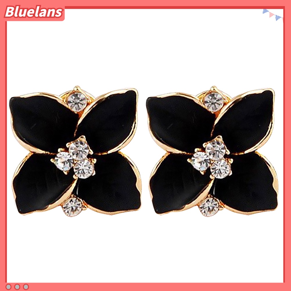 Bluelans Anting Stud Enamel Bentuk Clover Aksen Berlian Imitasi Untuk Wanita