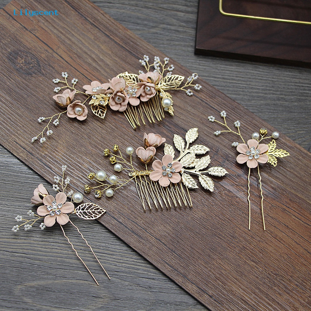 4pcs / Set Jepit Rambut Desain Bunga Daun Kristal Mutiara Palsu Bahan Alloy Untuk Pengantin Pernikahan