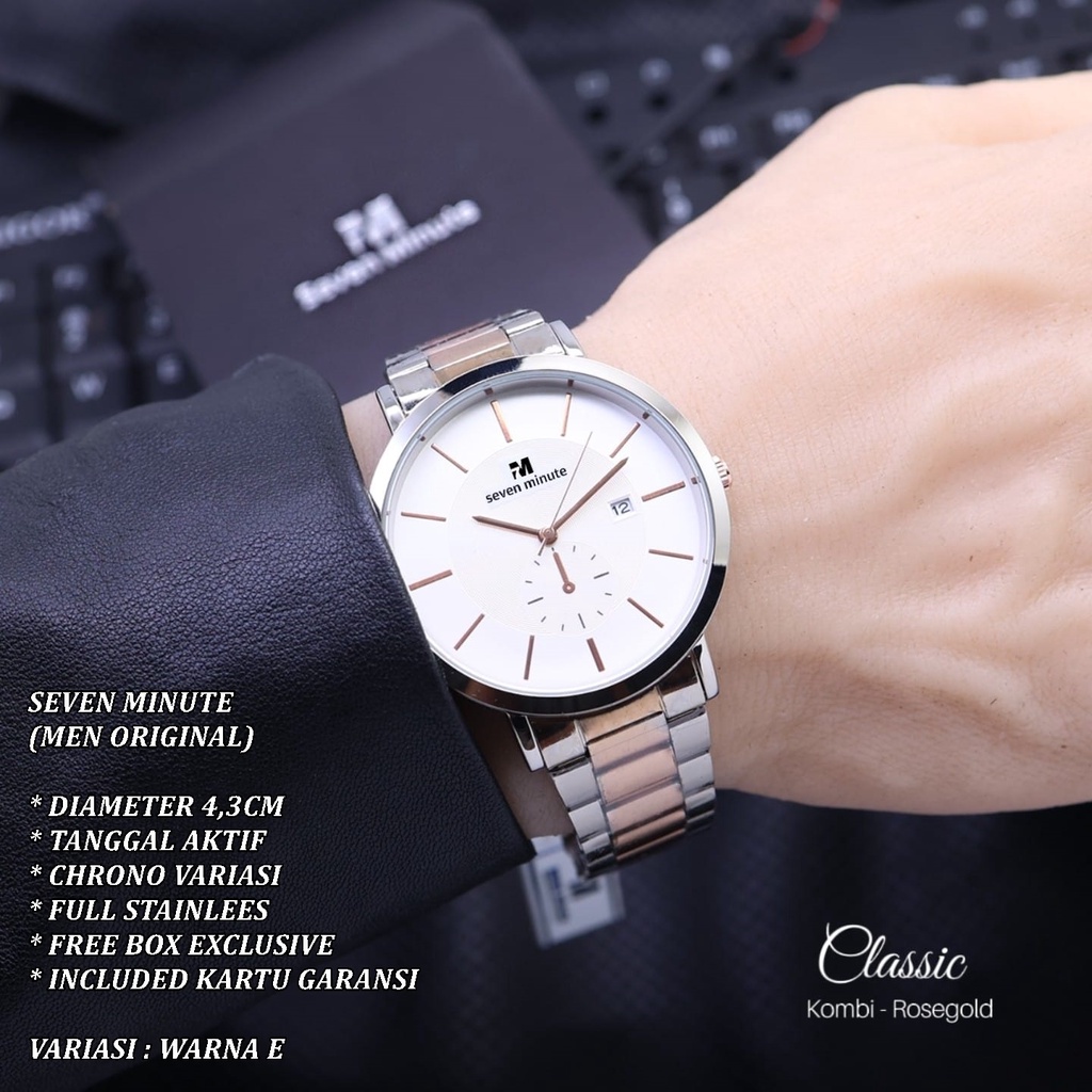 (FREE BOX) JAM TANGAN PRIA SEVEN MINUTE RANTAI BODY BULAT TANGGAL AKTIF CHRONO VARIASI