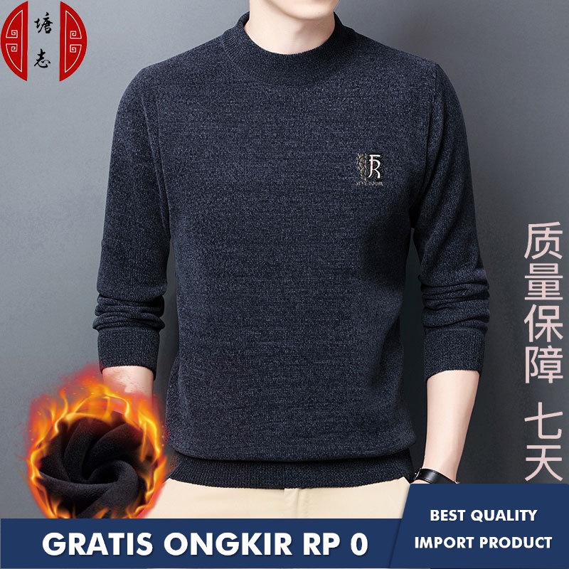 Jersi Chenille Huruf  Setengah Berleher Tinggi Beludru Tebal Sweater