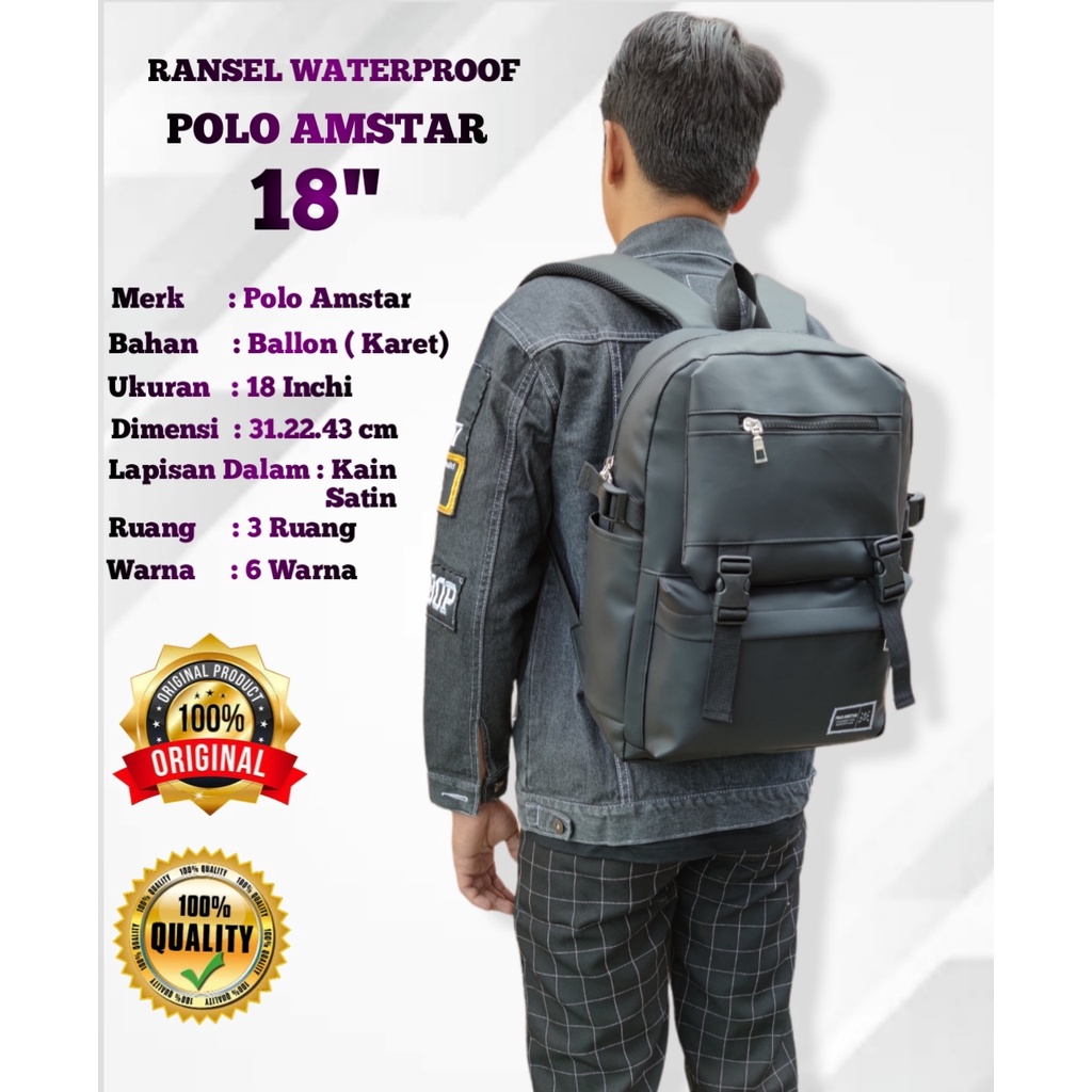 Tas Ransel Waterproof Original Polo Amstar 18&quot; Inchi Bahan Ballon Anti Air 100% Real Picture tas Backpack Tas Selempang Tas Pria Wanita