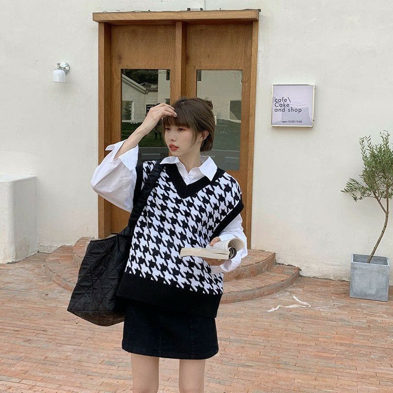 Rompi Jennie Vest Rajut / Houndstooth Vest Knit / Rompi Wanita / Vest Rompi Wanita Korea
