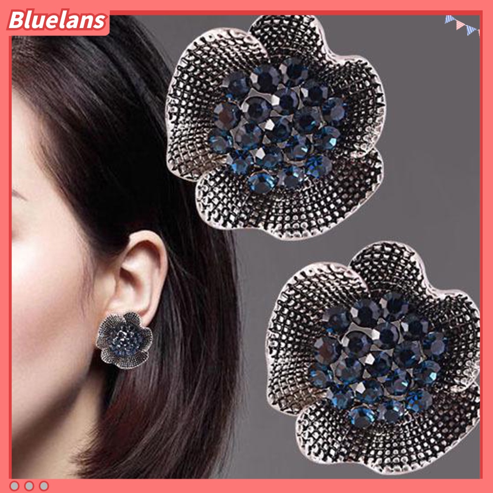 Bluelans Vintage Women Rhinestone Inlaid Rose Flower Shape Stud Earrings Jewelry Gift