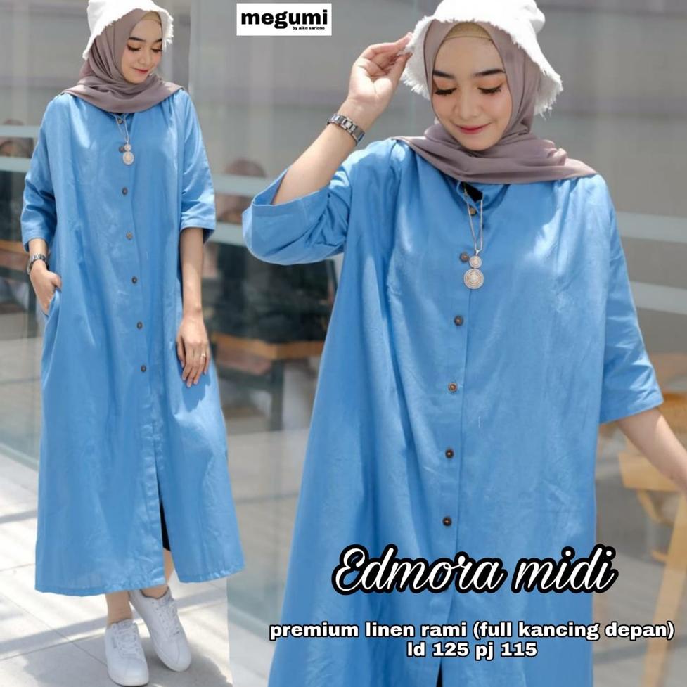 ㆊ Edmora Gamis Midi Dress Wanita Midi Dress Katun Linen XXL Ld 120 125 Midi Dress Polos by Megumi HO