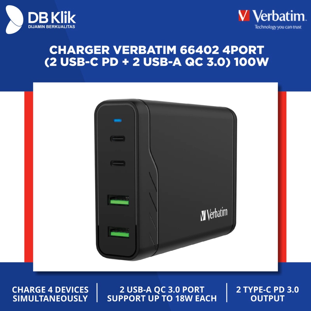 Charger Verbatim 66402 4Port (2 USB-C PD + 2 USB A QC 3.0)100W Black