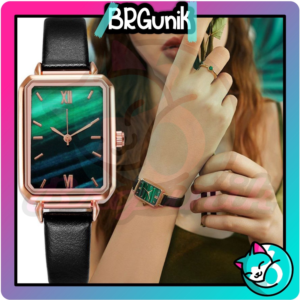 BRGUNIK Jam Tangan Kecil Wanita Dial Kotak Gradasi Analog Quartz Strap Pu Leather Fashion Import JT054