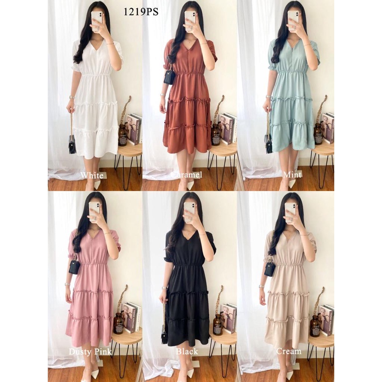 STACY MIDI DRESS V NECK CASUAL BASIC A LINE PARIS SILK HITAM PUTIH