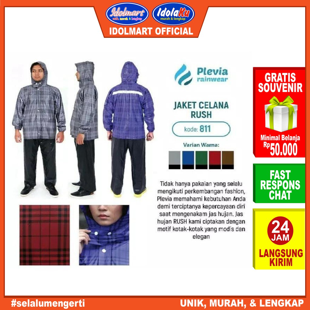 IDOLAKU Plevia Jas Hujan Stelan  811 Rush /Jas Hujan Setelan Atasan Jaket Celana Dewasa  Unisex - Plevia Bekasi