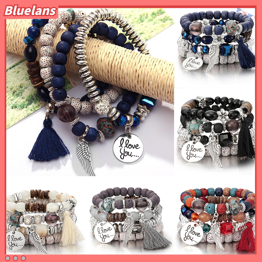 Bluelans 4Pcs Bohemia Style Wing Beads Bracelet Women Bangle Jewelry Party Gift