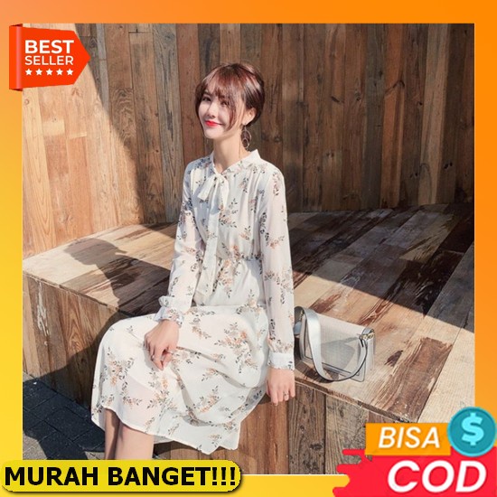 2022 Baru Bunga Korea Floral Chiffon Dress Temperamen V-Neck Rok Midi Dress Korea Dress (✿◡‿◡) [Mora