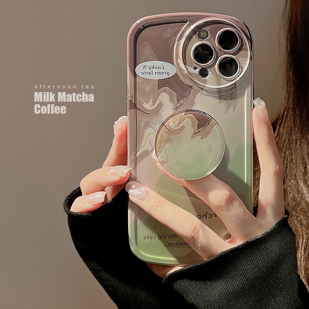 Soft Case Pelindung Penuh Motif Susu Matcha Latte Dengan Holder Untuk Iphone 11 12 13 14 PLUS PRO MAX