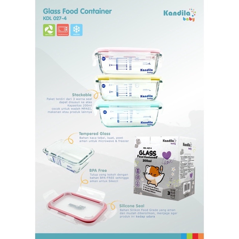 Kandila Bebewawa Glass Food Container 180ml 200ml KDL027-2 KDL027-3  KDL027-4 Box Wadah Simpan MPASI Bayi bahan Kaca + Penggaris Ukur Ml Takaran