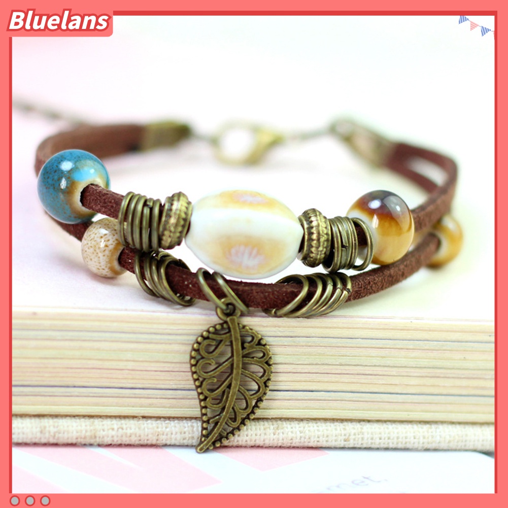 Gelang Tali Kulit Imitasi Lapisan Ganda Hias Manik-Manik Daun Keramik Gaya Bohemian Untuk Wanita