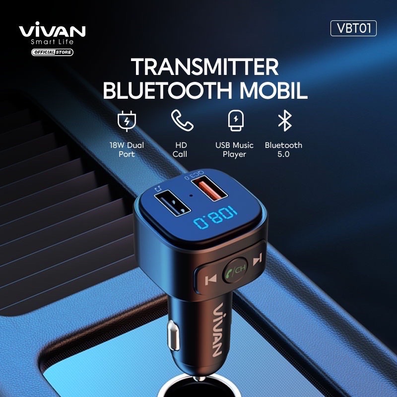 VIVAN VBT01 Car Charger dan Bluetooth Transmintter Bluetooth 5.0 Dual Port 18W QC 3.0 Black - Garansi Resmi 1 Tahun