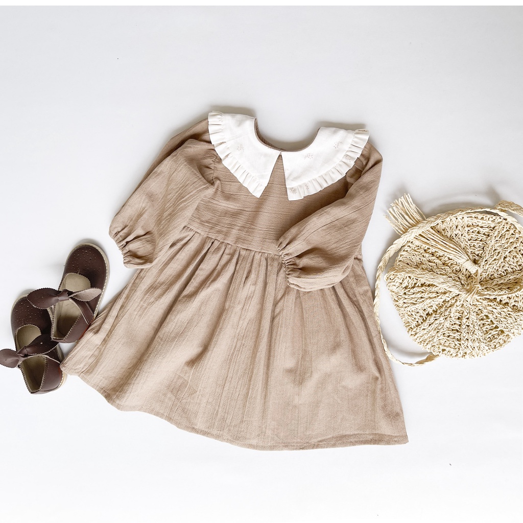 EMA - Dress Anak Kerah Korea Peterpan Collar Linen Lengan Panjang Krem Cream Hitam KADO ULANG TAHUN BAYI MURAH