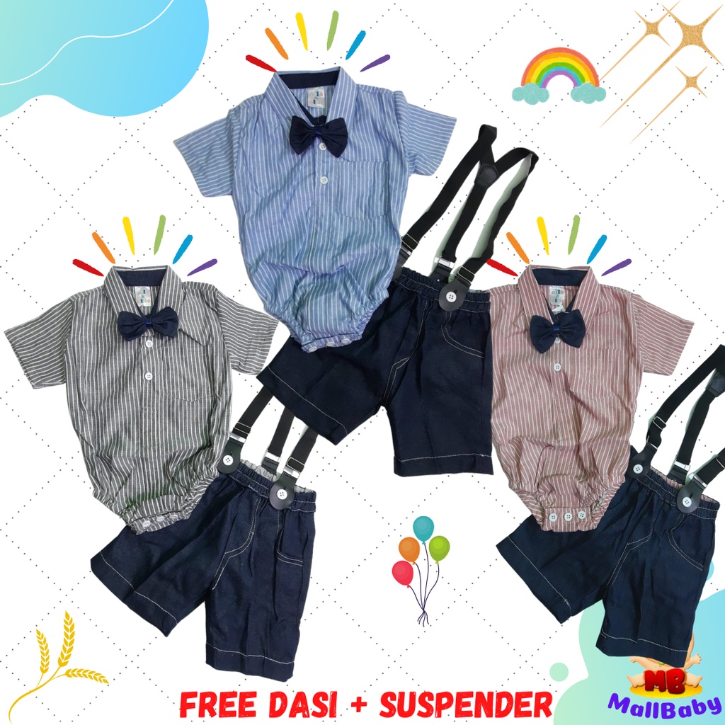 Setelan Baju Bayi Laki Laki 3 6 9 12 Bulan Jumper Set Dasi Suspender Noah