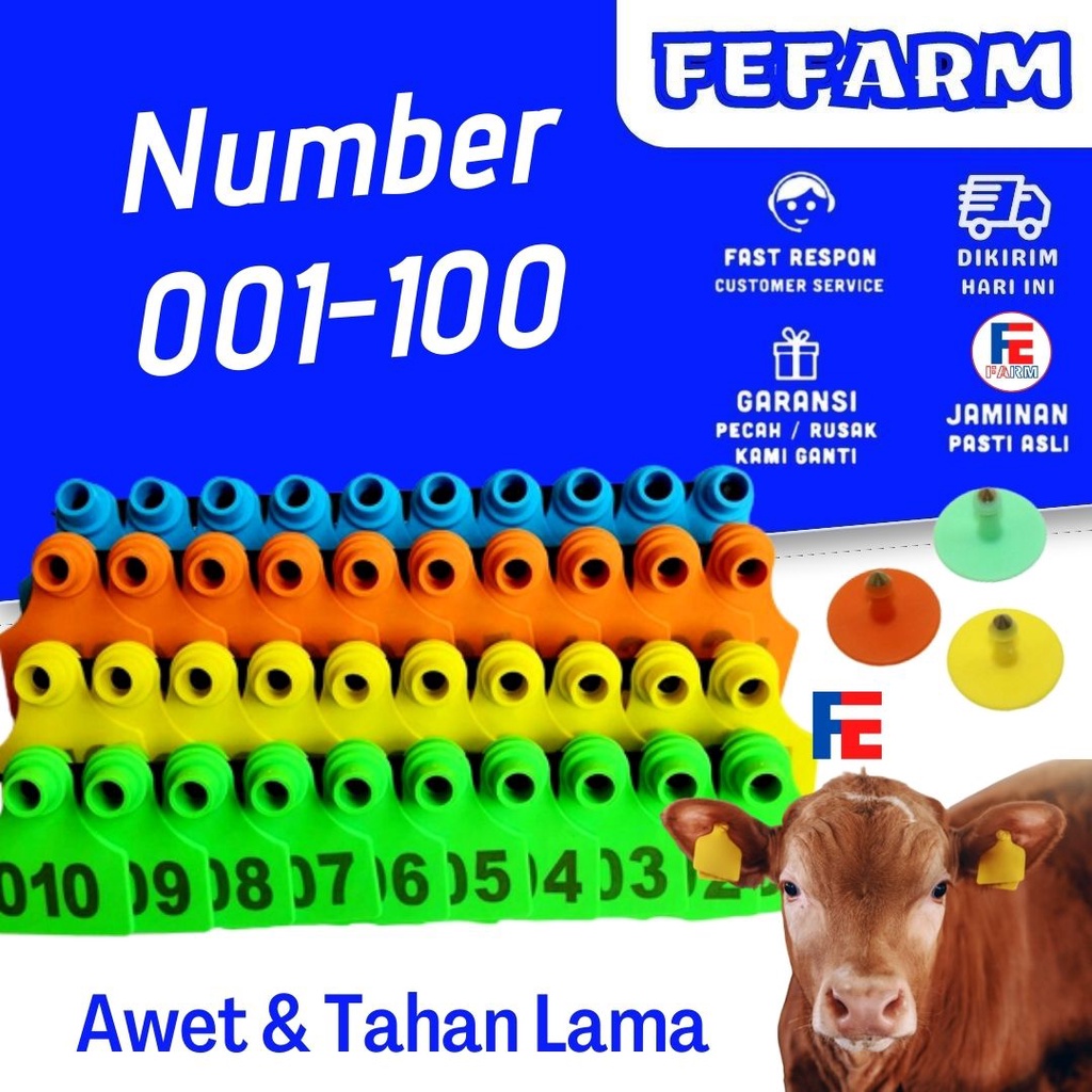 Ear Tag 4x5 cm Nomer Per100 Eartag Ternak Hewan Kambing Sapi Domba Babi Kuda Kerbau DLL Bisa jadi Kalung Penanda Hewan FEFARM