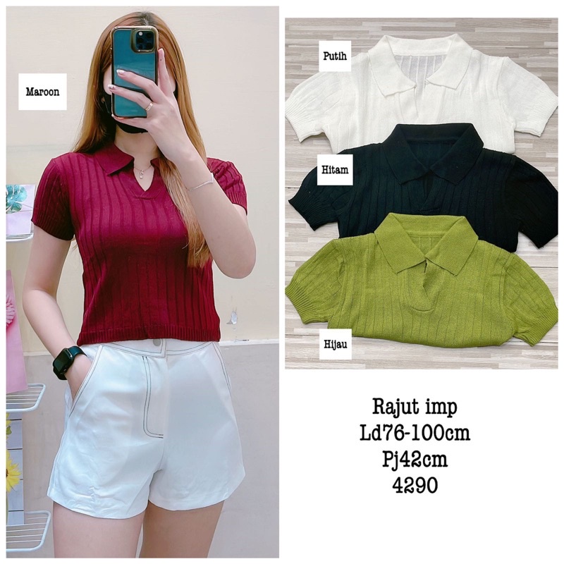 Atasan Kerah polo Rajut - Vneck Crop Top Blouse - Polo Shirt Atasan Wanita