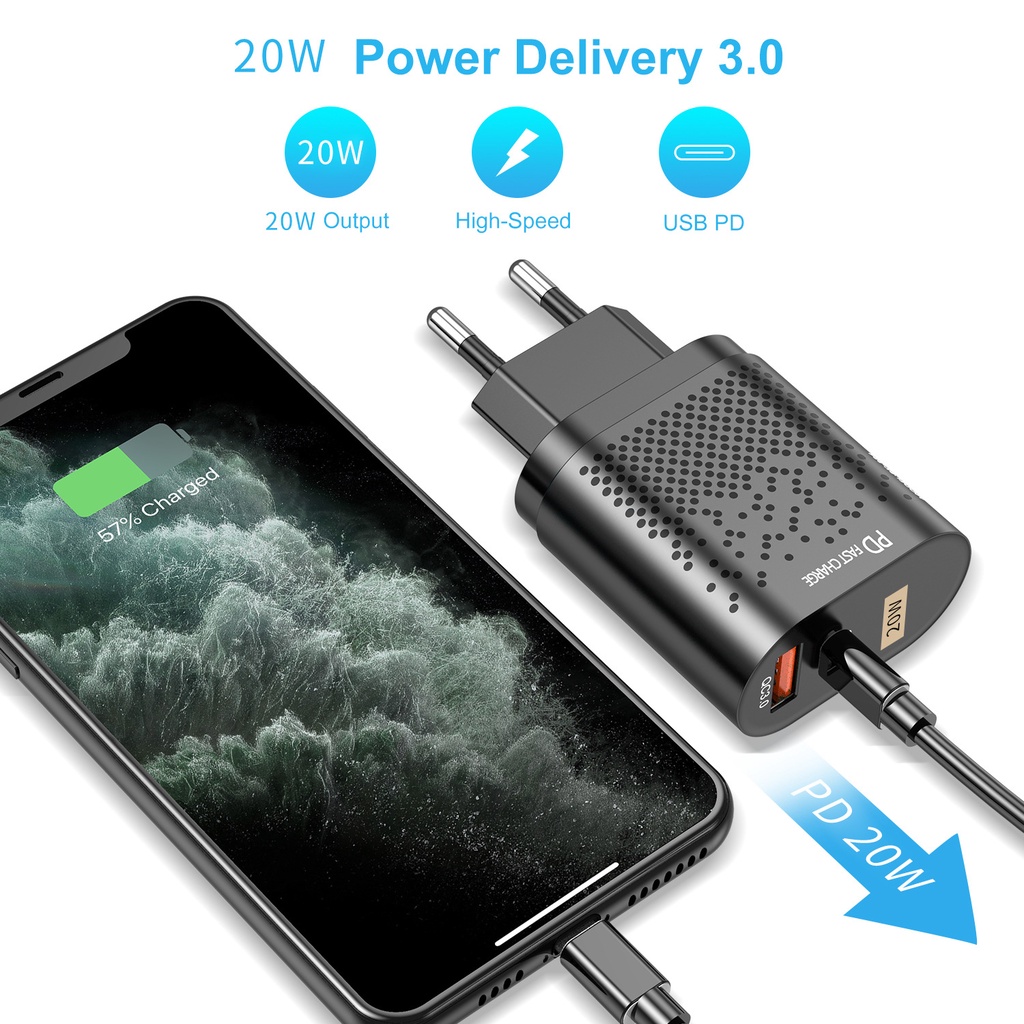 Pd Adapter Charger USB Tipe-C 20W Qc 3.0 Fast Charging Untuk Travel