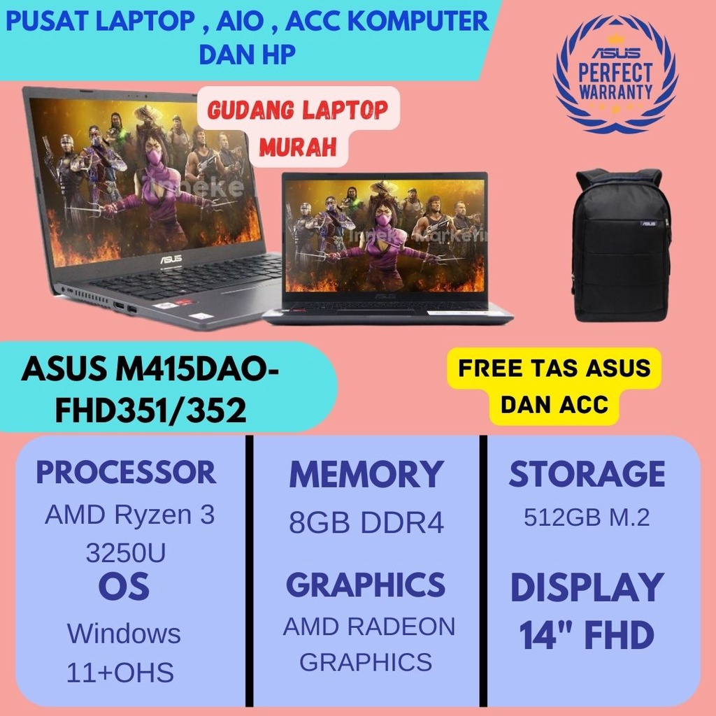 Asus VivoBook M415DAO-FHD351 Ryzen 3 3250U 8GB 512GB 14" W11+OHS - Slate Gray