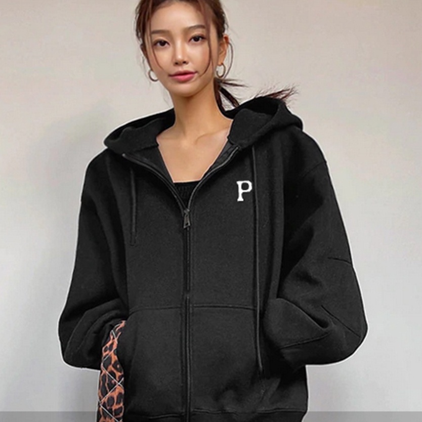 Jacket Hoodie Zipper Initial P Oversize - Bahan Fleece - Size XXL