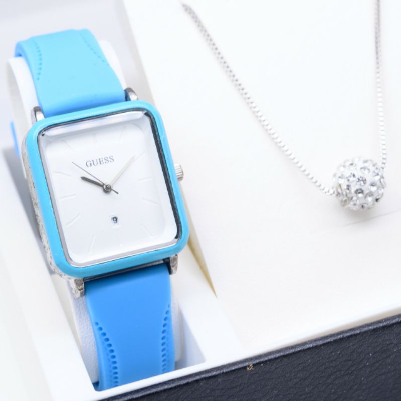 jam tangan wanita Murah GUESS Tali Karet Biru Elegan Date aktif free Kalung+ Liontin