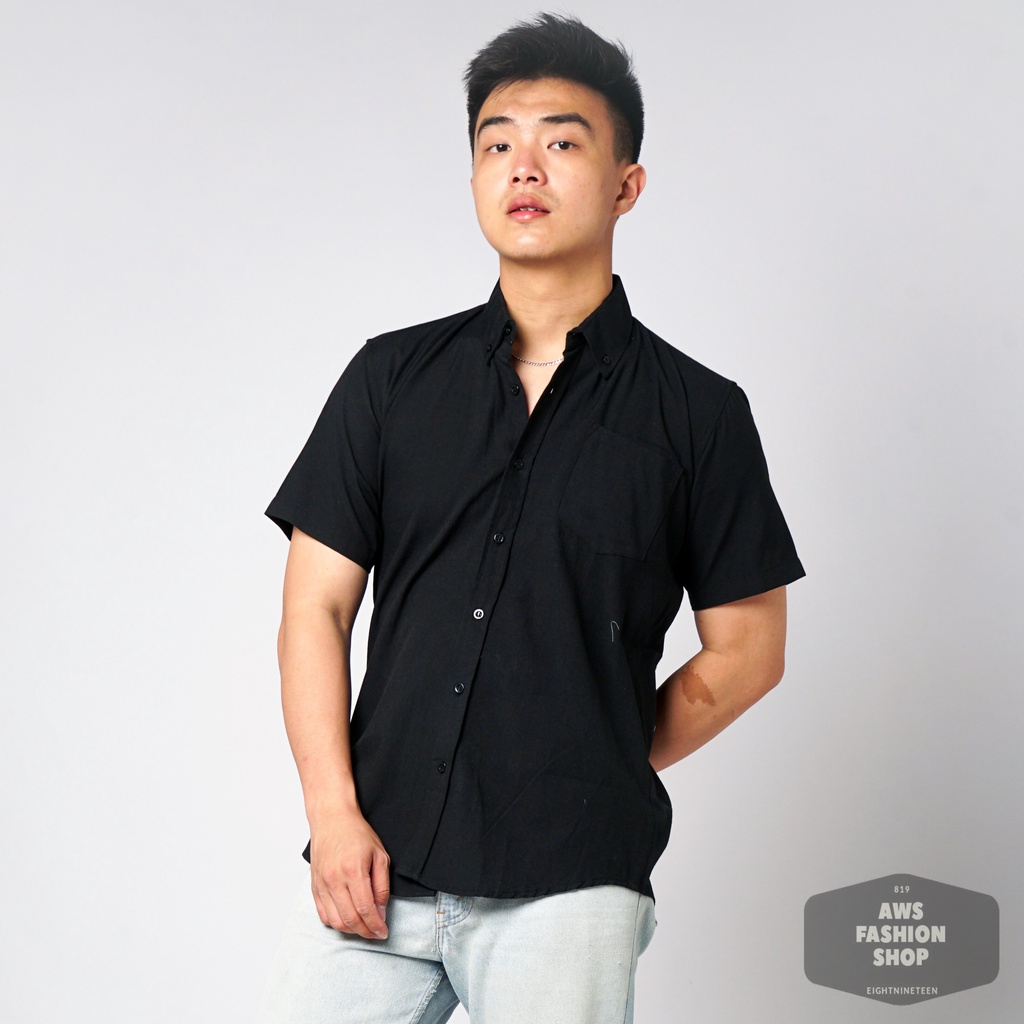 819 Kemeja Pria Lengan Pendek Polos HITAM BLACK Oxford Basic SIMPLE Slimfit Casual Tersedia Ready Sampai Size JUMBO BIG SIZE XXL XXXL