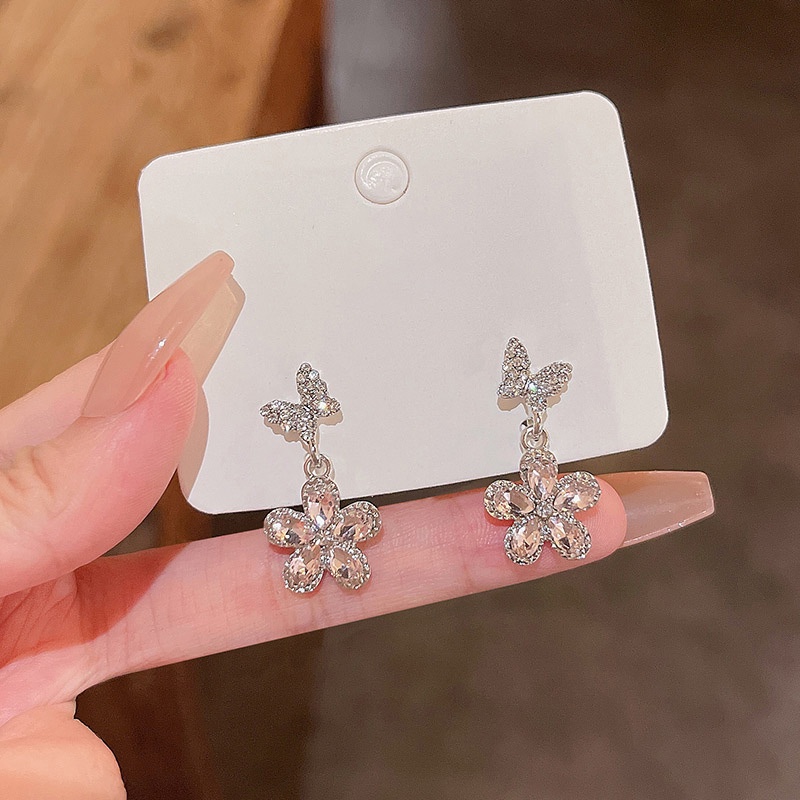 Anting Tusuk Sterling Silver 925 Desain Bunga + Kupu-Kupu Hias Kristal Zircon Mewah Untuk Wanita