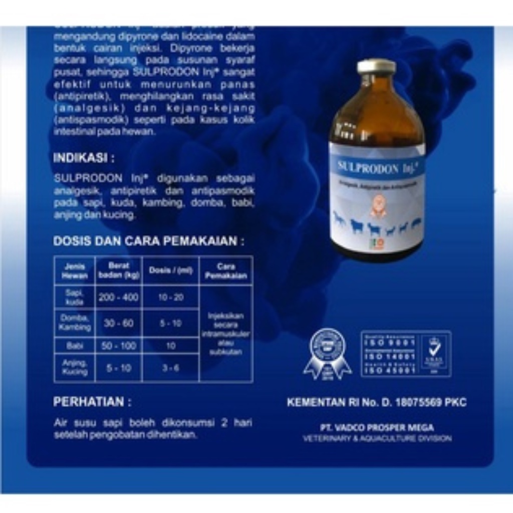 SULPRODON INJ 50ML dan SULPRODON 100ML - ANALGESIK ANTIPIRETIK &amp; ANTISPASMODIK - Obat Pereda Sakit Hewan Analgesik Antipiretik seperti sulpidon analdon