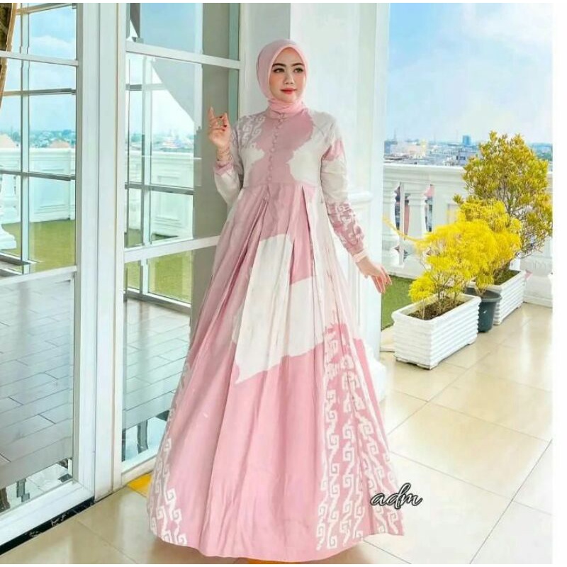 Gamis Batik Twill Rayon Candi Mekar Ori Baby Pink Dress