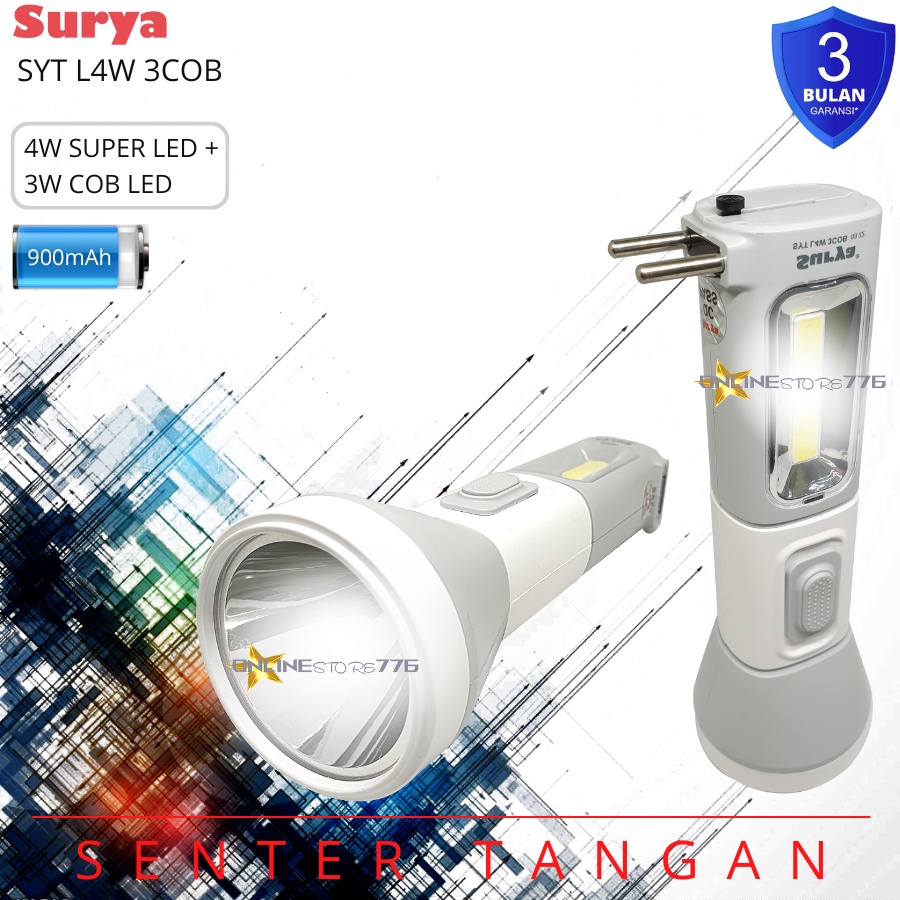 Surya Lampu Senter LED Super Terang SYT L4W + 3COB LED Super Terang Rechargeable Jarak Cahaya 500 Meter 6 Jam Lampu Senter Emergency Super LED 4W + 3COB LED COB dikenal untuk rasio lumen per watt dan efisiensi panas yang lebih baik. Menggunakan batrei cas