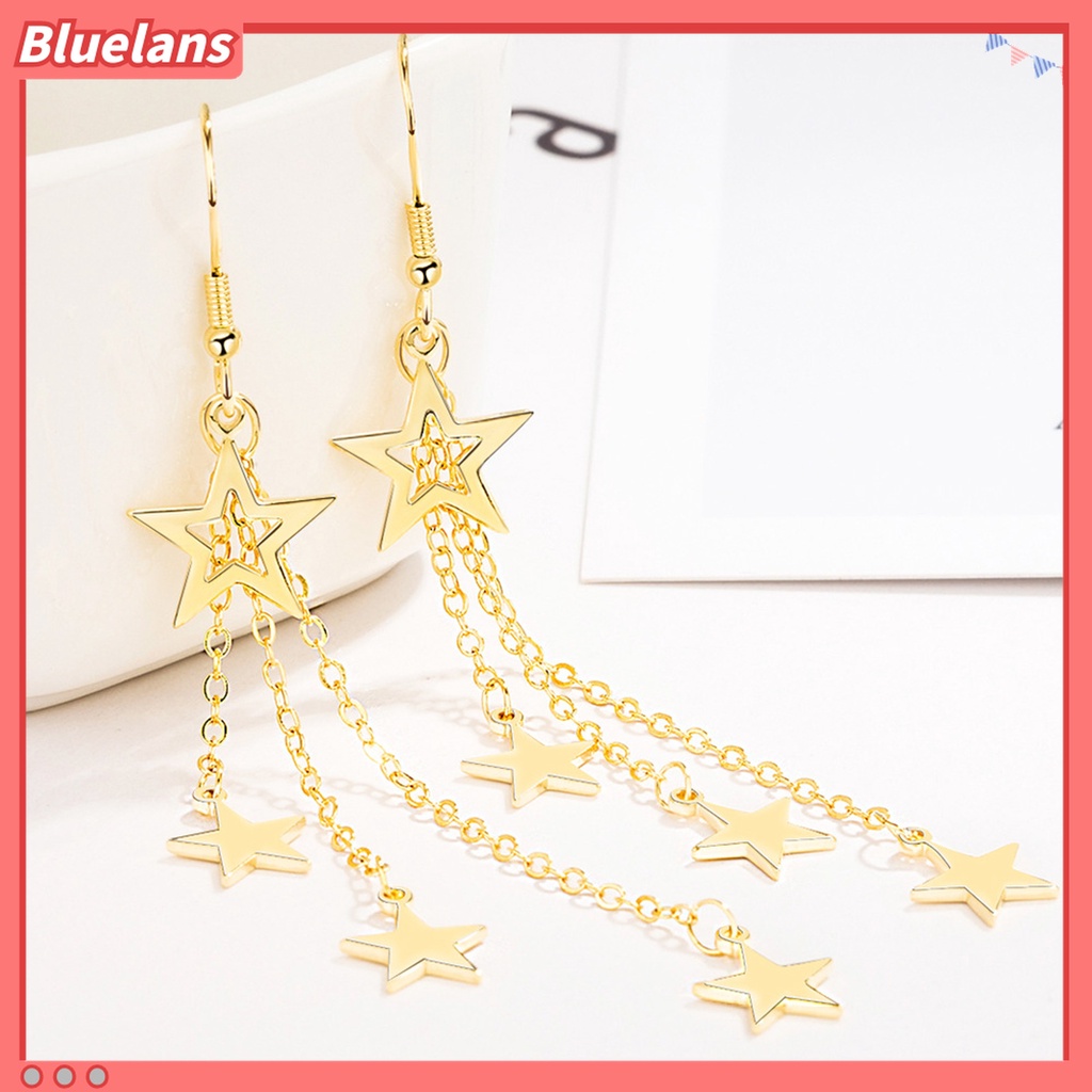 Anting Kait Rumbai Panjang Pertengahan Desain Bintang Glitter Untuk Aksesoris Wanita