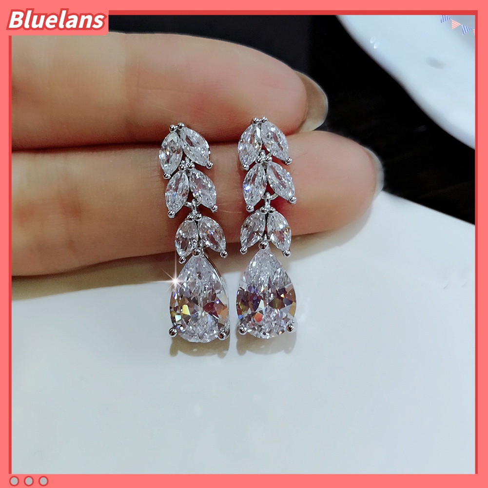 Anting Stud Cubic Zirconia Bentuk Daun Tetesan Air Untuk Wanita