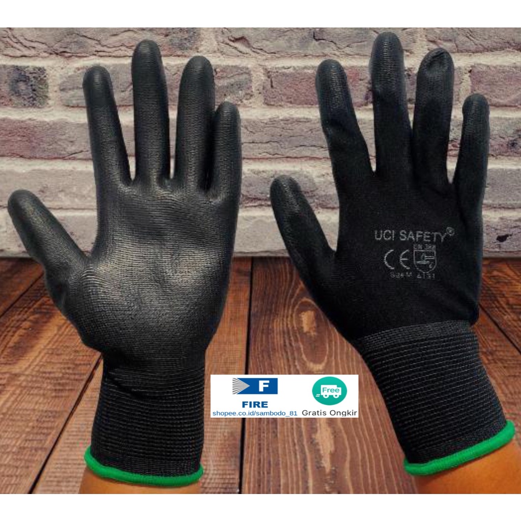 Sarung Tangan Bengkel otomotif Bagunan Coating Karet Pengaman kerja Packing PU Statis Multitask Karet Palm Fit Ukuran S,M, L, XL Proyek Satpam Anti Slip Hitam Black Hand Gloves