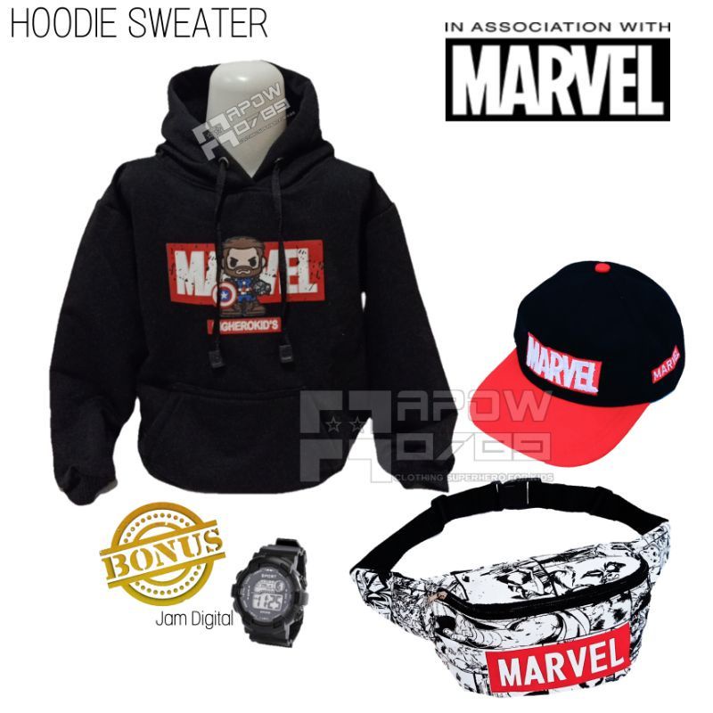 New COD (Bayar Di tempat) Jaket Sweater Hoodie MARVEL 4in1 Dapat Tas Waistbag Topi Baseball Dan Jam Tangan