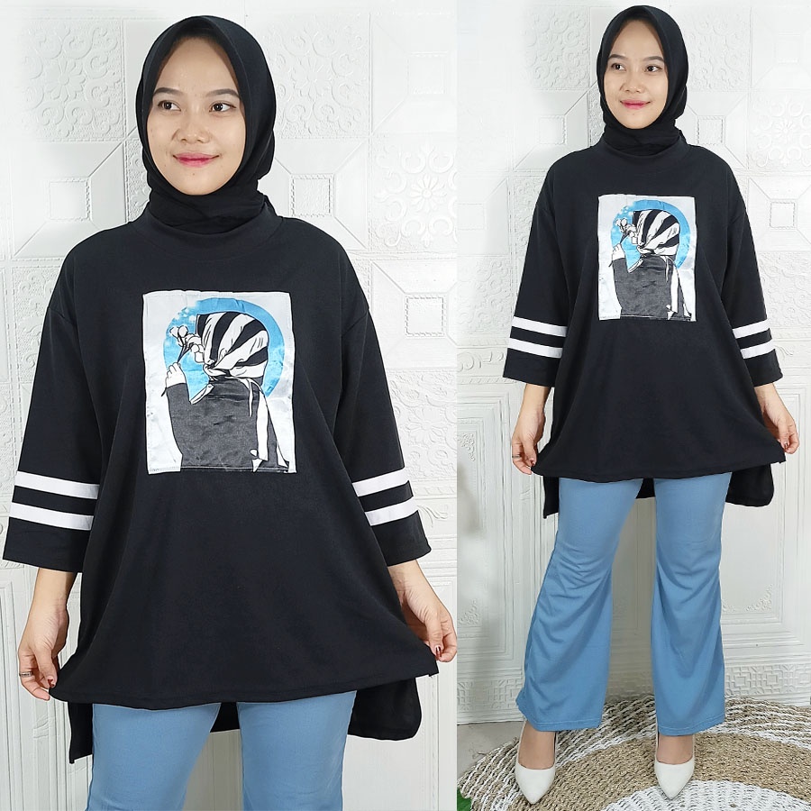 CARLINA SETELAN BASIC WANITA HIJAB ATASAN OVERSIZE DAN CELANA BIRU PANJANG ZUBRAY