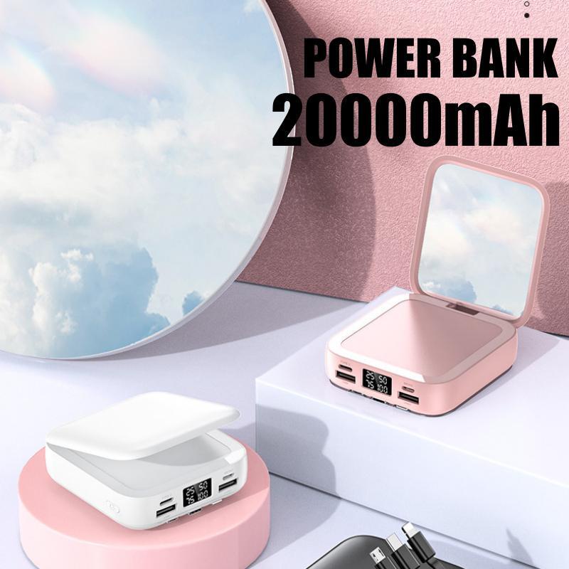 Powerbank 20000mAh Kapasitas Besar Powerbank Built in 3 Cables Fast Charging Portable Power Bank Make-up Mirror