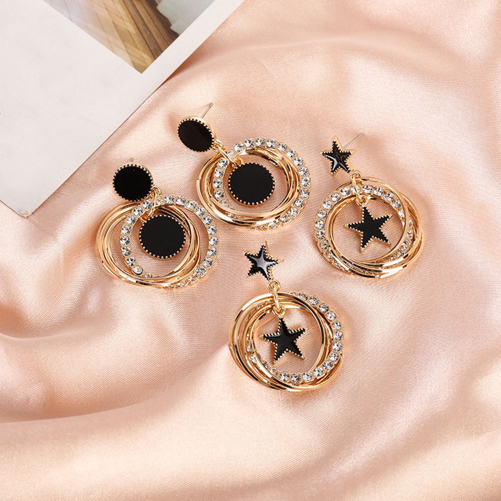Anting Tusuk Gantung Desain Geometri Bulat + Bintang Warna Gold / Hitam Hias Kristal Untuk Wanita
