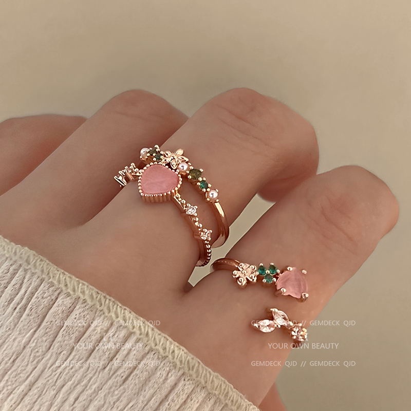 COD❤️Cincin Hati Love Cinta Fashion Korea Wanita Bentuk Bunga Pembukaan Dapat Disesuaikan Cahaya Mewah Manis Cincin Wanita-A.one