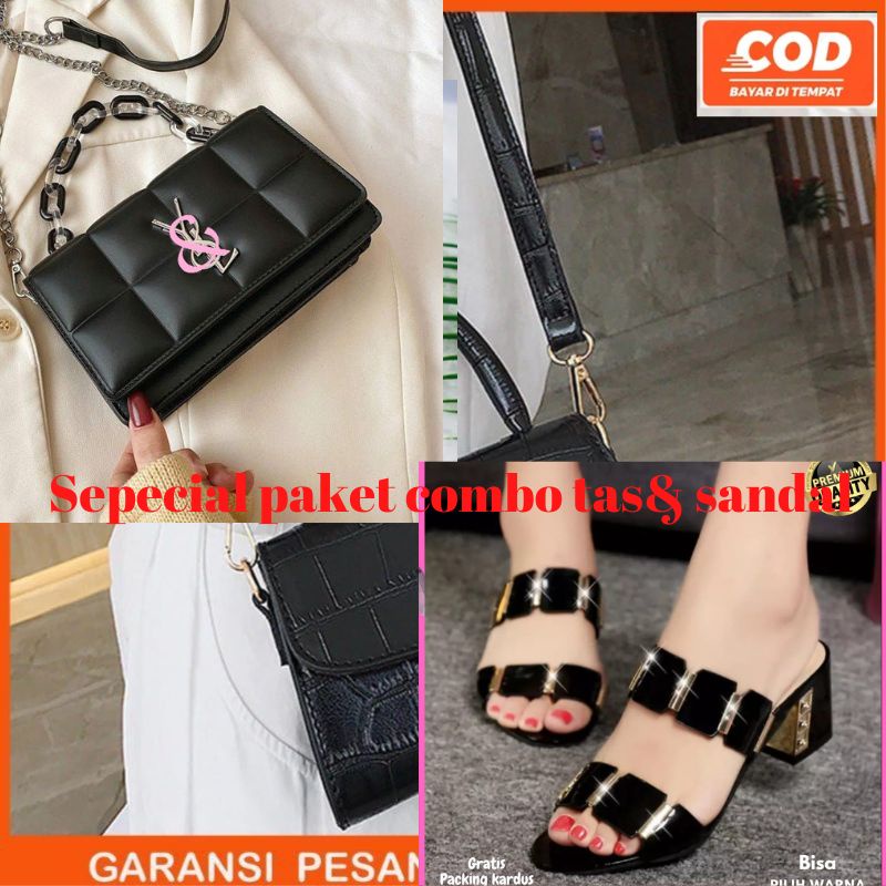 paket combo tas selempang wanita &amp;sandal heels hak 5cm terbaru model kekinian murah