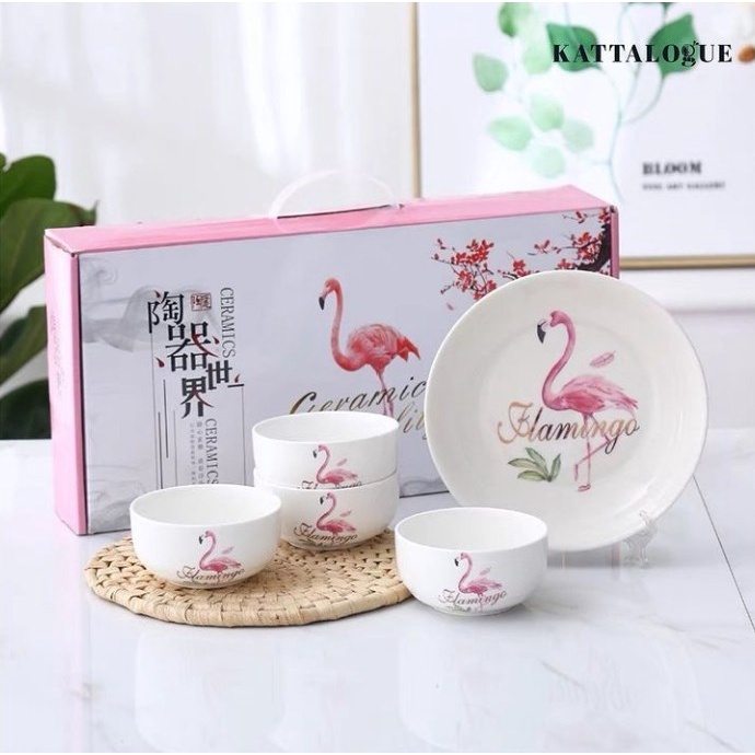

PROMO HOME DECOR Hampers Gift Kado Natal Piring Mangkuk Keramik Set - Flamingo