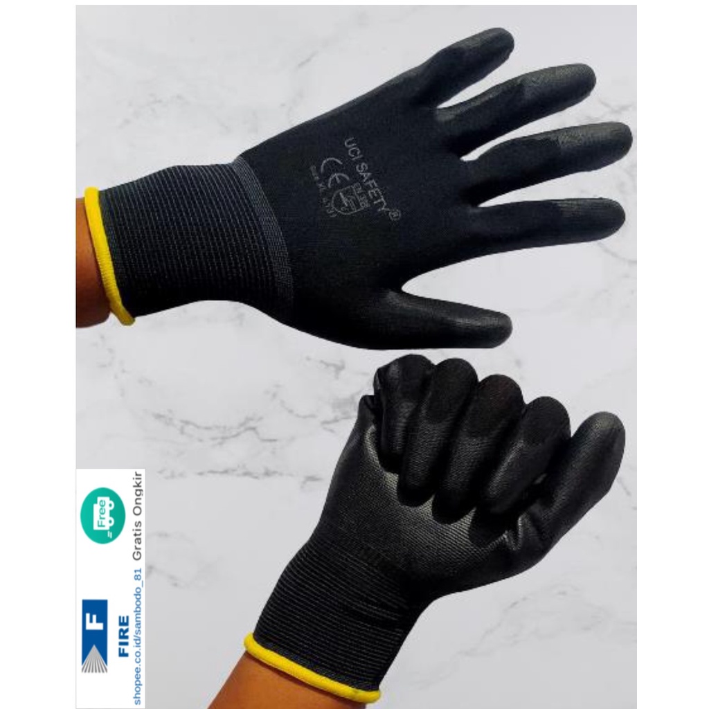 Sarung Tangan Motor Bengkel otomotif Bagunan Coating Karet Pengaman kerja Packing PU Statis Multitask Karet Palm Fit Ukuran S,M, L, XL Proyek Satpam Anti Slip Hitam Black