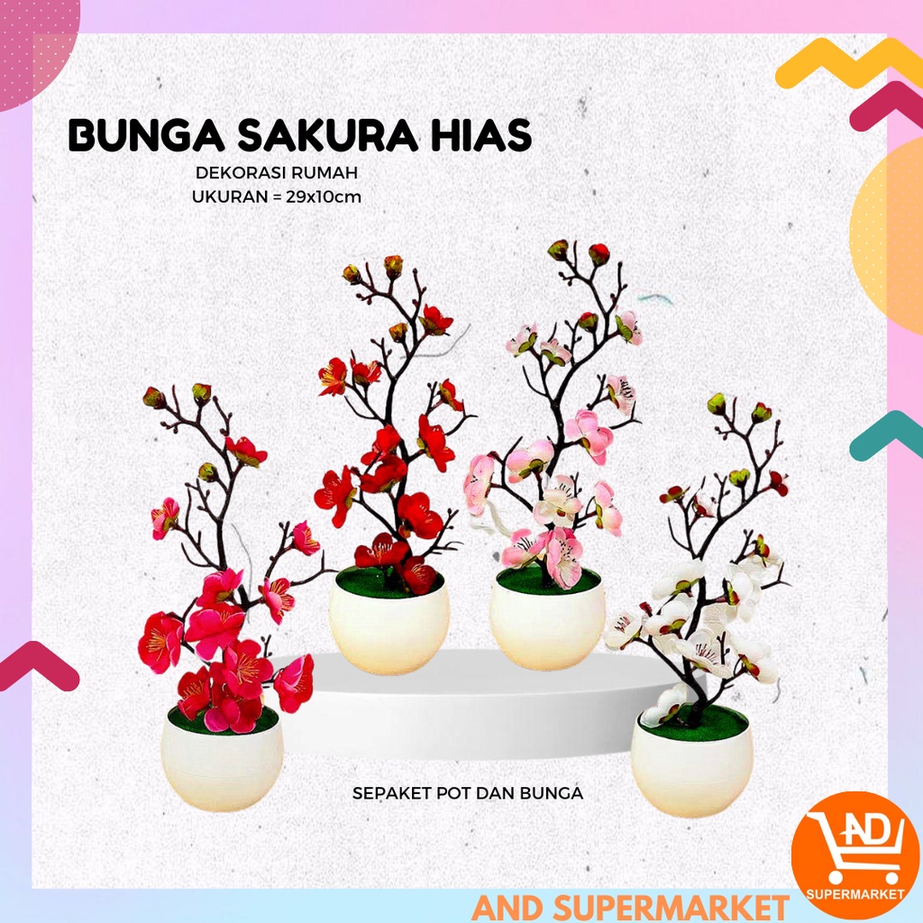 Bunga Hias Plastik Hiasan Ruang Rumah Bunga Sakura Artificial Flowers Palsu Dekorasi Rumah Pot Tanaman Bunga Hias PBP31